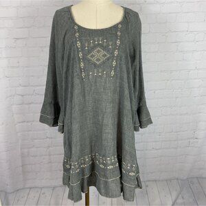 Indigo Soul Large Grey Blue Cream Embroidered Boho Flowy Tunic or Mini Dress